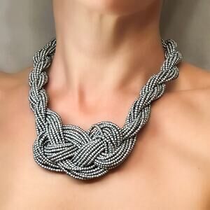 Beaded Multi Strand Twisted Knot Statement Collar Necklace, Silver Grey (NWT)